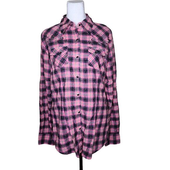 Wrangler Tops - Wrangler Long Sleeve Snap Plaid Shirt Womens Size M Pink Western Cowboy